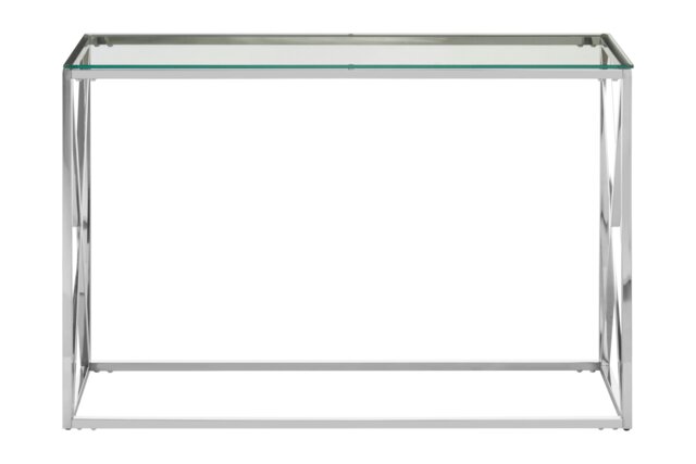 Orsina Silver Glass Console Table with Stainless Steel Frame, Clear Tempered Glass Hallway Console, Entryway Table