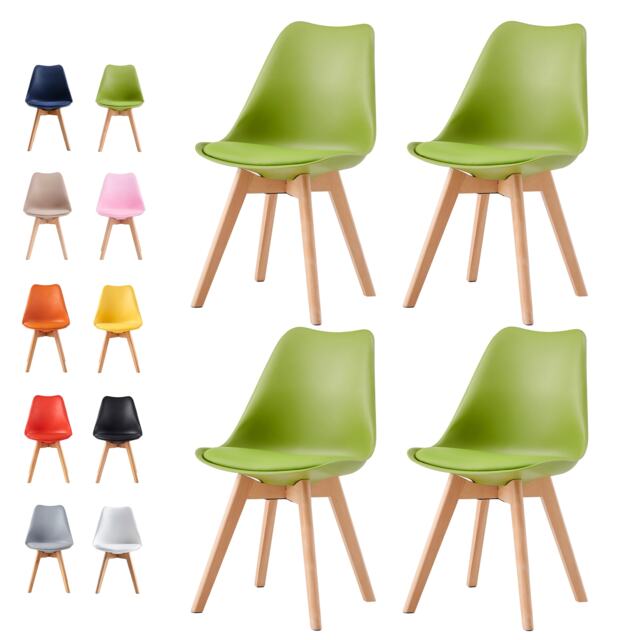 Set of 4 Dining Chairs with Solid Wooden Legs and Seat Cushion Pads in Green - Eva by MCC