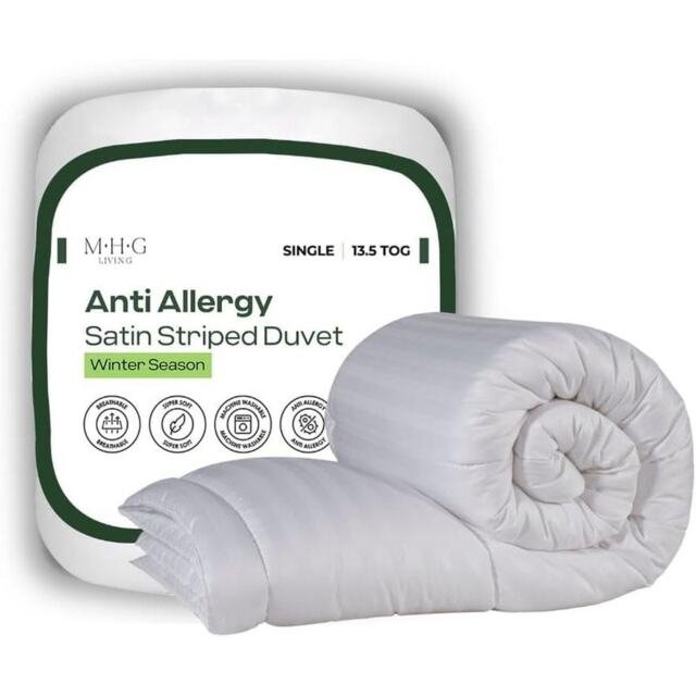 MHG Living 13.5 Tog Winter Striped Duvet Anti-Allergy Hypoallergenic Hollowfibre Quilt White Single