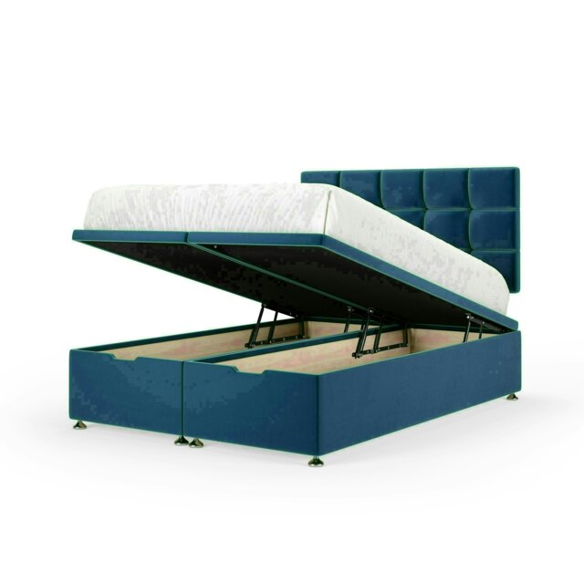 Marine Blue Plush Velvet Ottoman Base and Pearl Headboard Double Multi