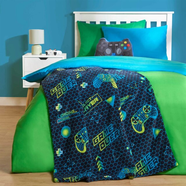 OHS Kids Gaming Printed Throw Warm Plush Sherpa Flecce Reverse Over Bed Super Soft Blanket, 100x120cm Blue Navy Blue