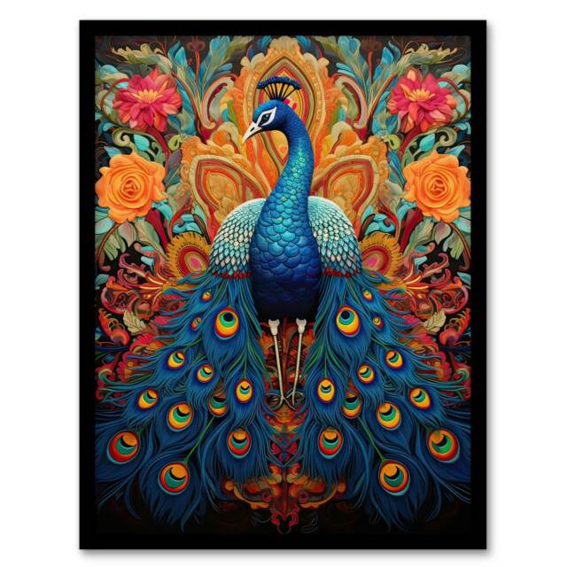Royal Peacock Feathers Oil Orange Pink Exotic Bird Black Framed Wall Art Print A4