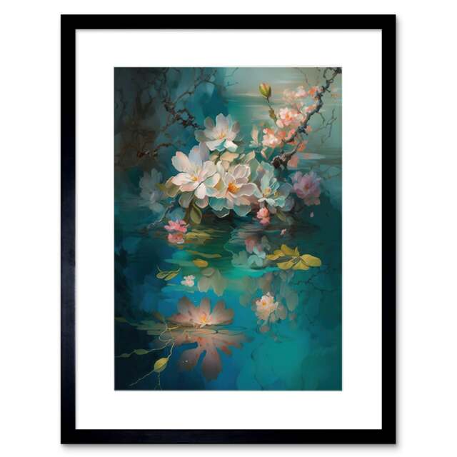 "Low Hanging Cherry Blossom Branch River Stream Watercolour 9x7"" Black Framed Wall Art Print"