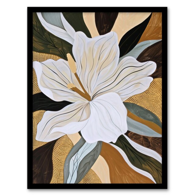Lily Flower Earth Tone Delicate Floral Black Framed Wall Art Print A4