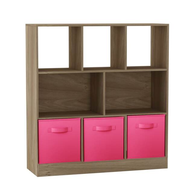 Asymmetrical 8 Oak Cube Bookcase Shelf Storage Unit with 3 Fabric Drawer Inserts Multi Oak & Dark Pink Drawer 1