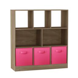 Asymmetrical 8 Oak Cube Bookcase Shelf Storage Unit with 3 Fabric Drawer Inserts Multi Oak & Dark Pink Drawer 1