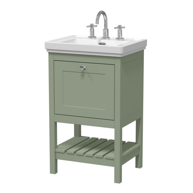 Traditional Furniture Floor Standing 1 Drawer Vanity & 3 Tap Hole Fireclay Basin, 500mm, Fern Green Green