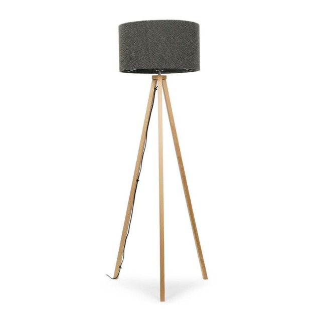 ValueLights Barbro Light Wood Tripod Floor Lamp Charcoal Boucle Shade and Bulb