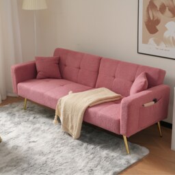 VILUXE 176cm 2 Seater Sherpa Sofa Bed with 3-Position Adjustable Backrest, Side Storage Pockets, High-Density Foam, Cushions and Gold-Tone Legs, Pink