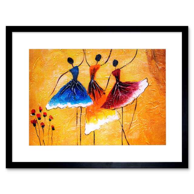 "African Ballet Dancers Abstract Painting 9x7"" Black Framed Wall Art Print"