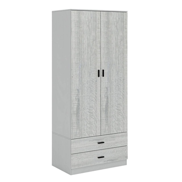 2-Door 2-Drawer Wardrobe with Storage Shelf, and Hanging Space - 180x75x46cm Grey Grey & Ash Grey 1