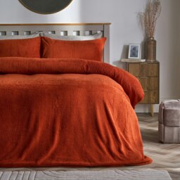 OHS Teddy Fleece Soft Cosy Warm Thermal Plush Plump Duvet Cover and Pillowcase Bedding Set Orange Rust King