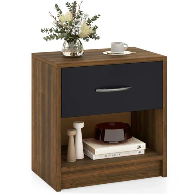 COSTWAY Bedroom Nightstand 3-Tier Bedside Table w/Drawer Brown Brown
