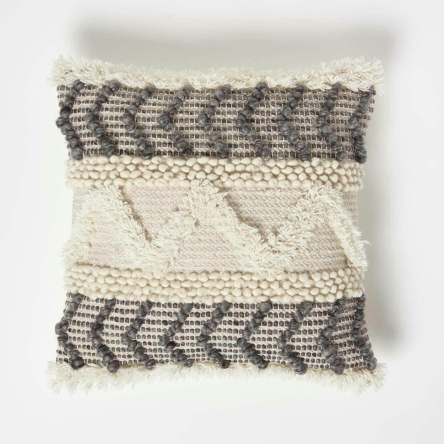 Homescapes Lindi Handwoven Tufted Cream Kilim Cushion - 45 x 45 cm Grey Cream, Grey 1