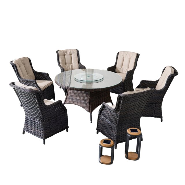Direct Wicker Outdoor 6 Person Rattan Dining Set, Aluminum Table with Lazy Susan, 6 Chairs for Patio Garden Brown