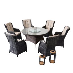Direct Wicker Outdoor 6 Person Rattan Dining Set, Aluminum Table with Lazy Susan, 6 Chairs for Patio Garden Brown