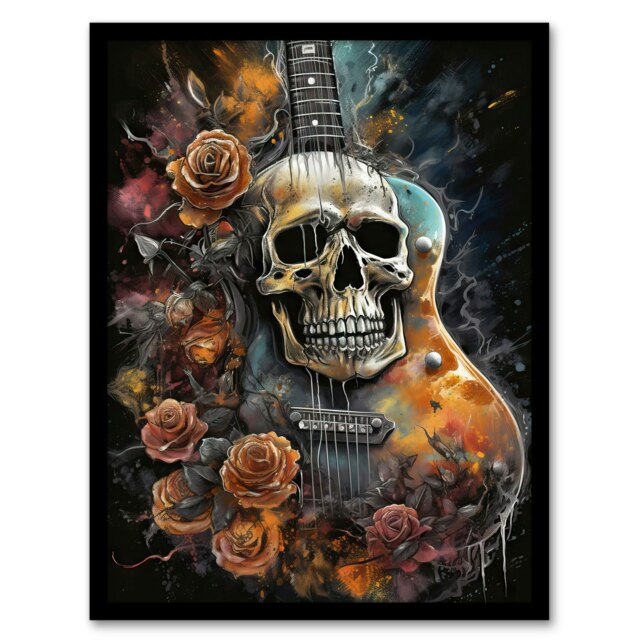Guitar Roses Skull Conceptual Electric Home Decor Black Framed Wall Art Print A4