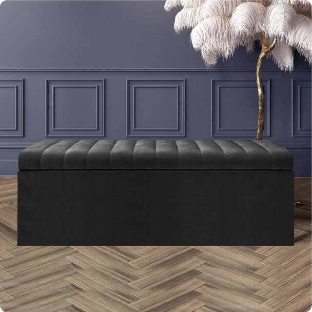 180cm Safar Large Striped Storage Ottoman Box, Black Plush Velvet Upholstered Deep Storage Ottoman End of Bed Bench