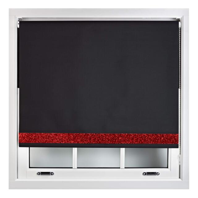 FURNISHED Thermal Blackout Roller Blinds with Glitter Edge - (W)55cm x (L)165cm Black Black (W) 155cm x (L) 165cm