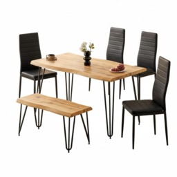 Brown Wooden Dining Table with 4 Black Chairs and Bench - Dining Kitchen Room Furniture