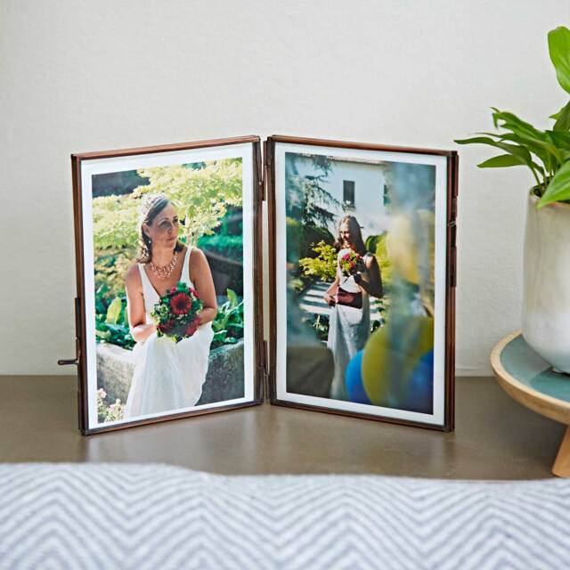 Antique Brass Recycled Glass Folded Double Photo Frame