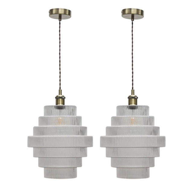 Set of 2 Benson - 7 Tier Glass & Antique Brass Ceiling Pendant Lights