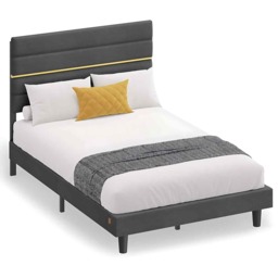 Small Double Bed Frame with Adjustable Upholstered Headboard, Wooden Slats, Metal Frame, Slate Grey