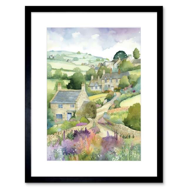 "Countryside Spring Landscape Cottages Watercolour 9x7"" Black Framed Wall Art Print"