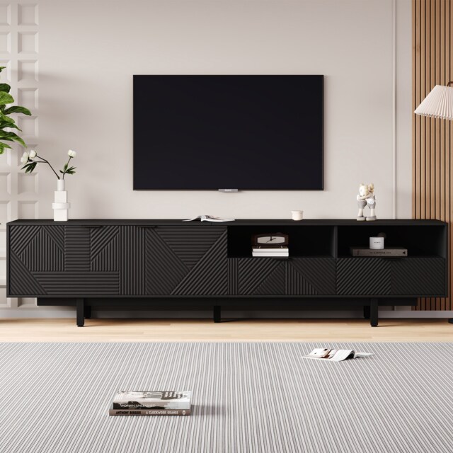 VILUXE 200cm Geometric TV Stand for TVs up to 90 Inches with Concealed Storage, Open Shelf, Cable Management and 5 Metal Legs, Black
