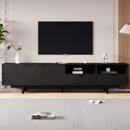 VILUXE 200cm Geometric TV Stand for TVs up to 90 Inches with Concealed Storage, Open Shelf, Cable Management and 5 Metal Legs, Black