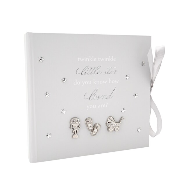 Little ones Keepsake Photo Album with Silver Plated Rattle Pram and Booties