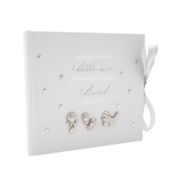 Little ones Keepsake Photo Album with Silver Plated Rattle Pram and Booties