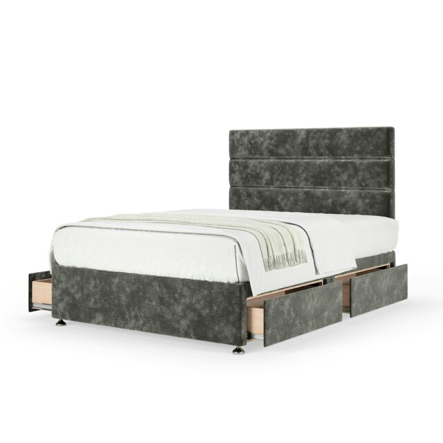 Majestic 1000 Pocket Sprung Charcoal Chenille 4 Drawer Divan Set And Milan Headboard King Size
