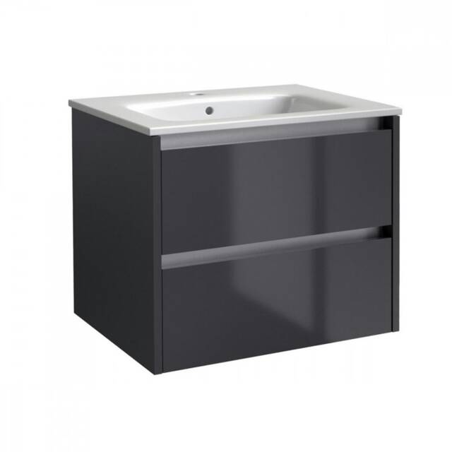 Bathroom 2-Drawer Wall Hung Vanity Unit with Basin 600mm Wide - Storm Grey Gloss - (Urban) - Brassware Not Included Grey Grey 1