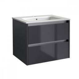 Bathroom 2-Drawer Wall Hung Vanity Unit with Basin 600mm Wide - Storm Grey Gloss - (Urban) - Brassware Not Included Grey Grey 1