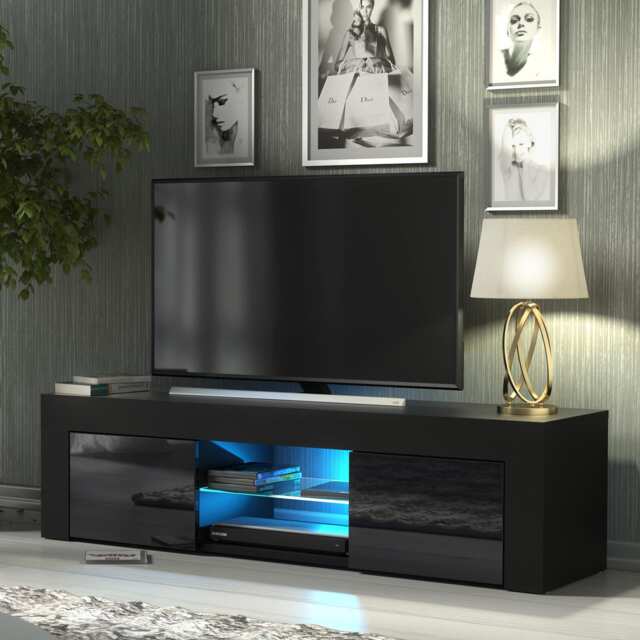 TV Unit TV Stand Cabinet Sideboard Black High Gloss Doors Free LED 130cm