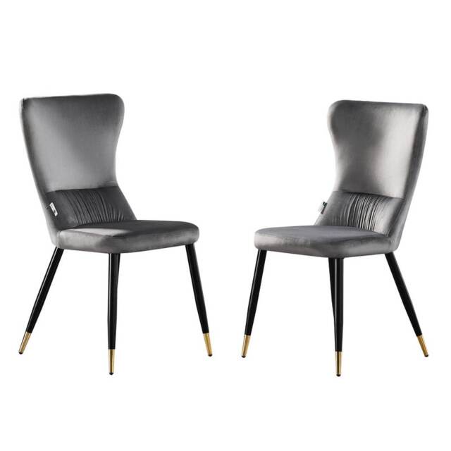 Set of 2 New York Modern Velvet Dining Chairs with High Back, Black Metal Legs Grey Gold End Tips