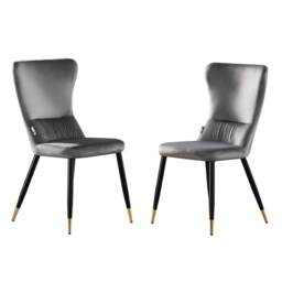 Set of 2 New York Modern Velvet Dining Chairs with High Back, Black Metal Legs Grey Gold End Tips