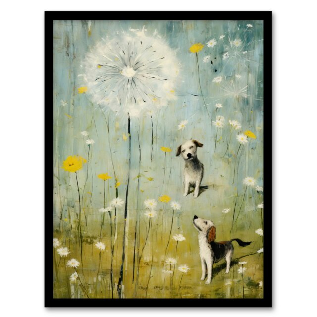 Giant Dandelion Curious Dogs Bright Oil Black Framed Wall Art Print A4