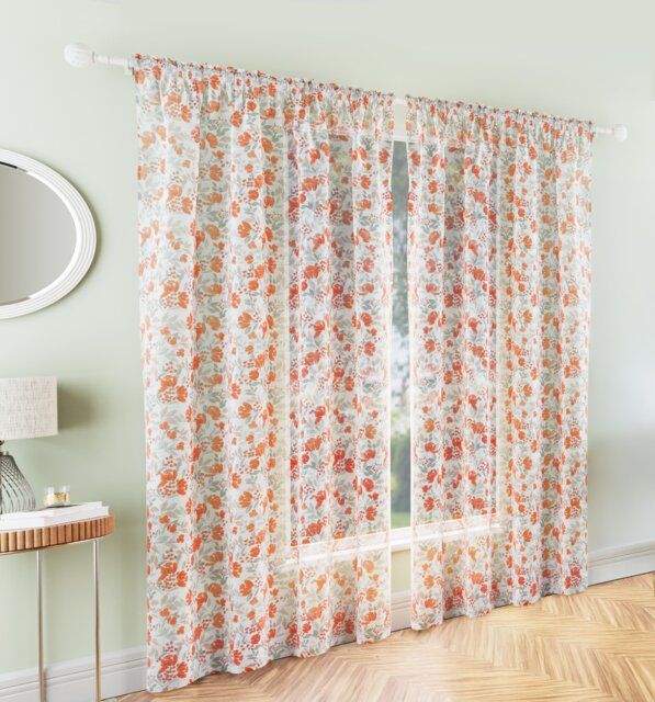 "Mia Burnt Orange Floral Print Sheer Voile Panels - Pair 140 x 183cm (55x72"")"