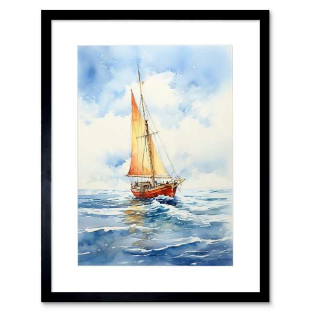 "Orange Sailing Boat Watercolour Bathroom Seascape 9x7"" Black Framed Wall Art Print"