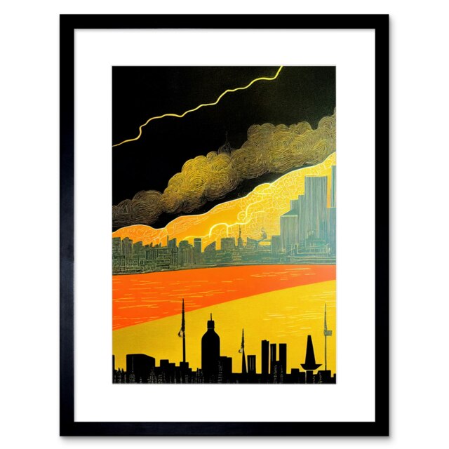 "Modern Black Yellow Orange London Skyline Storm Lightning 9x7"" Black Framed Wall Art Print"