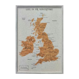 Splosh Travel Map Cork Board UK & Ireland Large Grey Wood Grey Grey Frame, Cork Backing
