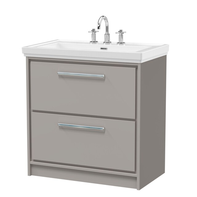 Balterley Modern Bathroom Floor Standing 2-Drawer Vanity Unit with Fireclay Basin - 3 Tap Holes Grey Pebble Grey 1