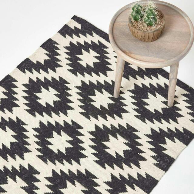 Homescapes Zurich Handwoven Black and White Cotton Geometric Kilim Rug - 120 x 170 cm Black Black and white