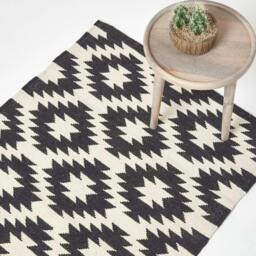 Homescapes Zurich Handwoven Black and White Cotton Geometric Kilim Rug - 120 x 170 cm Black Black and white