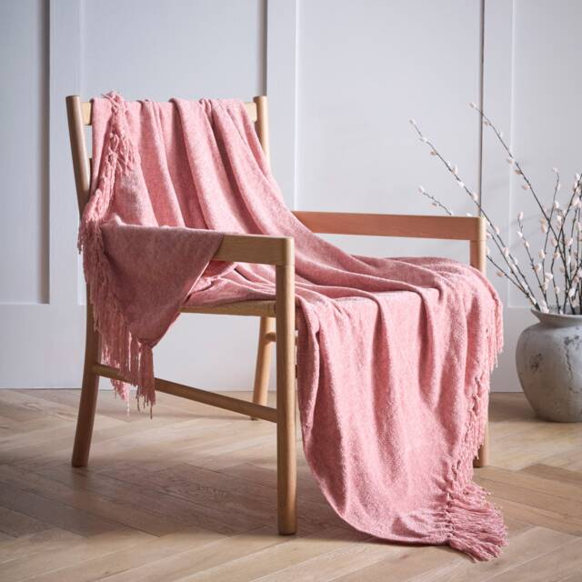 Malmo Pink Textured Tassels Chenille Throwover Bed Throw Blanket 127 x 152 cm