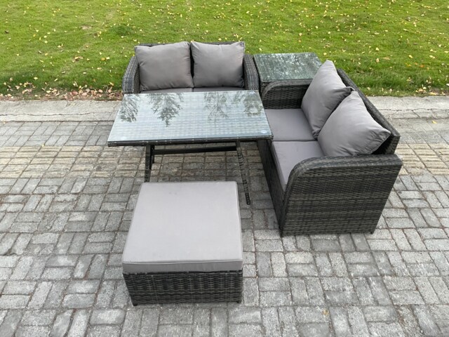 Fimous Outdoor Garden Furniture Sets 5 Pieces Wicker Rattan Furniture Sofa Sets with Rectangular Dining Table Love Sofa Big Footstool Side Table
