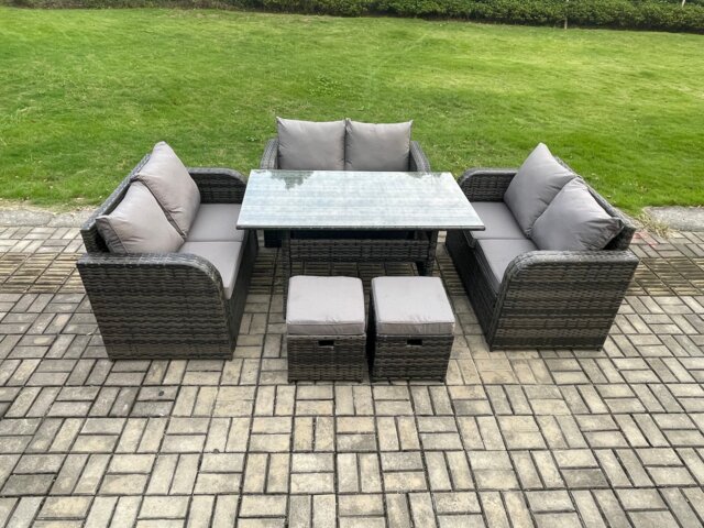Fimous 8 Seater Outdoor Rattan Garden Furniture Set with Patio Rectangular Dining Table Love Sofa 2 Small Footstools Dark Grey Mixed