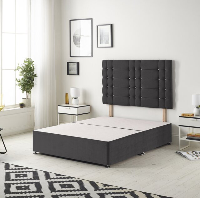 Astoria Divan Bed Base with 30 Inch Diamonte Button Headboard Plush Velvet Black Black Small Single